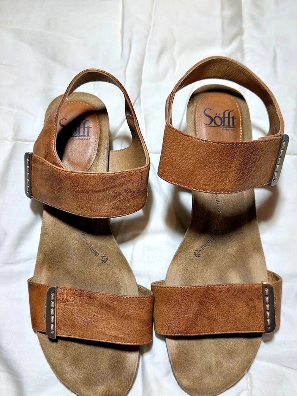 Sofft Verdi II Leather Low Wedge Comfort Sandals Luggage Tan Size 10